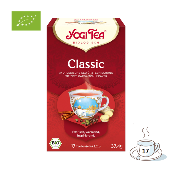 Yogi Tea Bio Classic, Gewürzteemischung mit Zimt, Kardamom und Ingwer, 17 Teebeutel im Kuvert